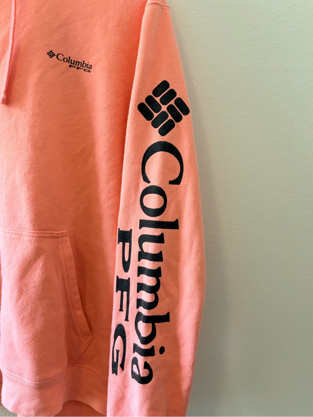 Columbia Coral Pink Hoodie with Black Logo Sleeve